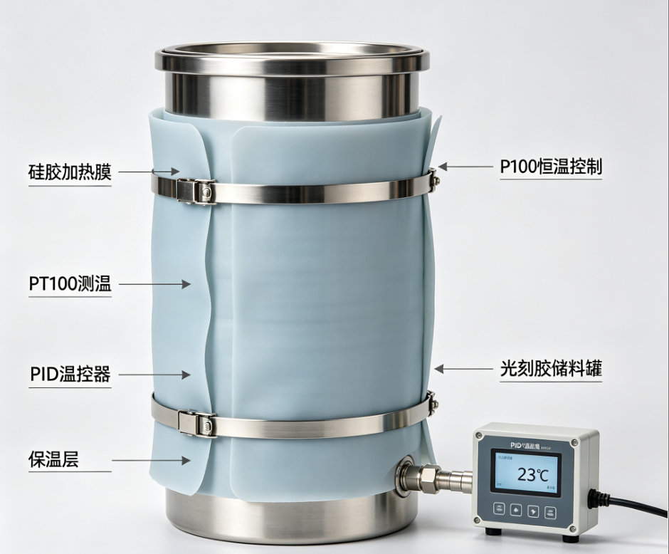 硅胶加热膜‑光刻胶恒温储料罐外壁保温加热选型方案